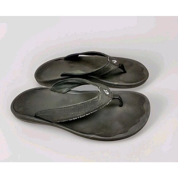 OluKai Shoes - OluKai Ohana Women's Black Leather Thong Flip‎ Flop Sandals US 10